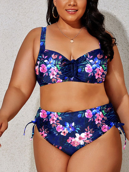 Vibrant Plus Size Printed Drawstring Detail Bikini Set - Kalizeh