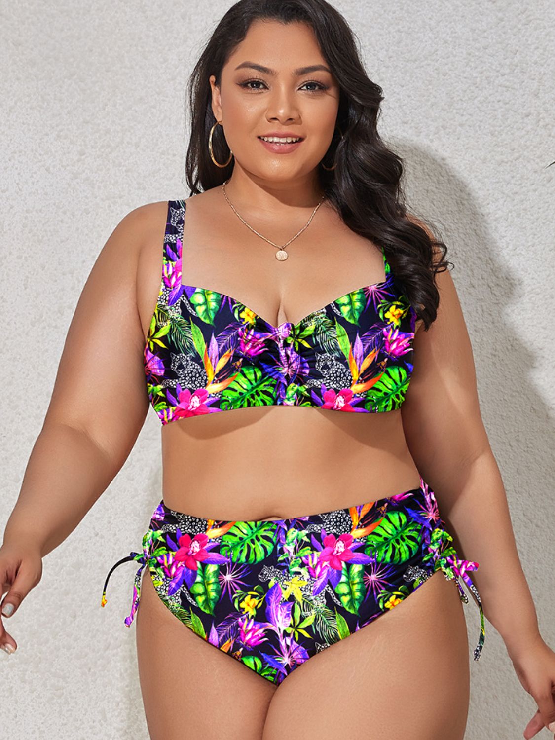 Vibrant Plus Size Printed Drawstring Detail Bikini Set - Kalizeh