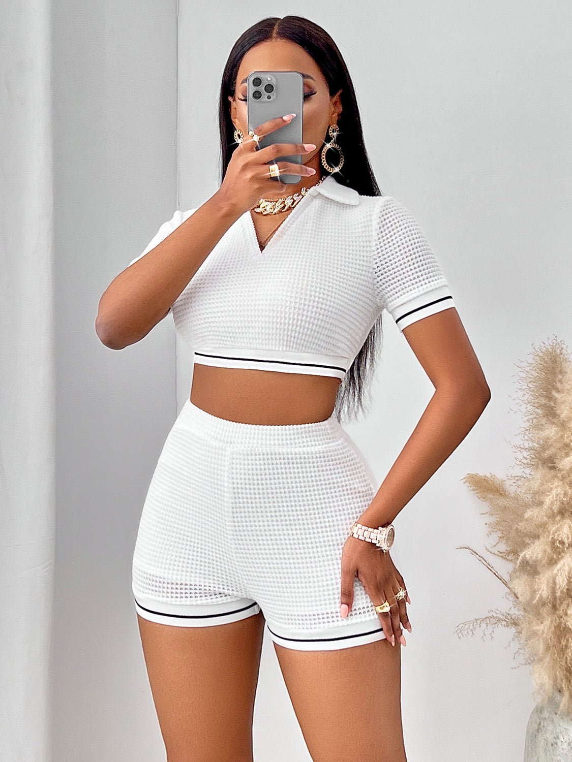 Waffle-Knit Collared Neck Cropped Top and Shorts Set - Kalizeh