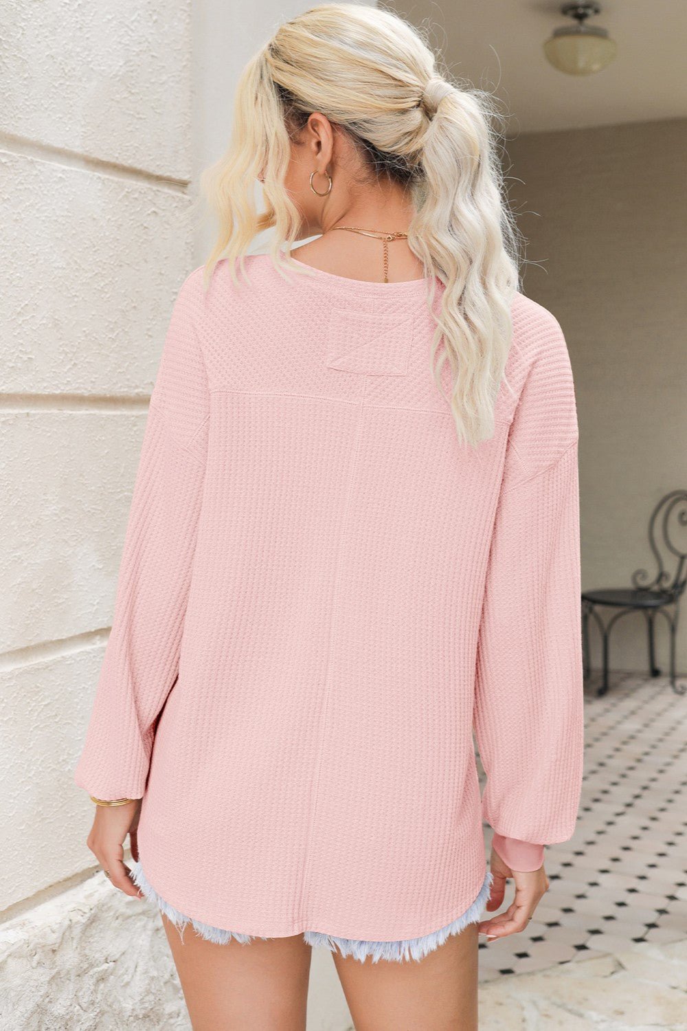 Waffle - Knit V - Neck Long Sleeve Top - Kalizeh