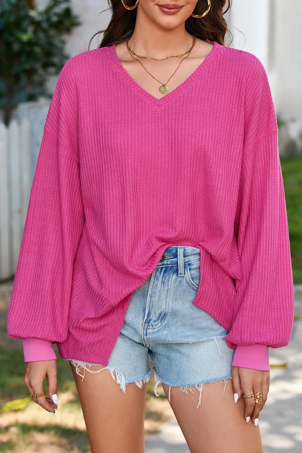 Waffle - Knit V - Neck Long Sleeve Top - Kalizeh