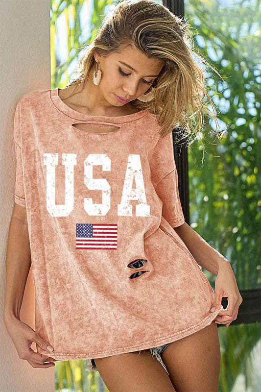 Washed American Flag Graphic Distressed T-Shirt - Kalizeh