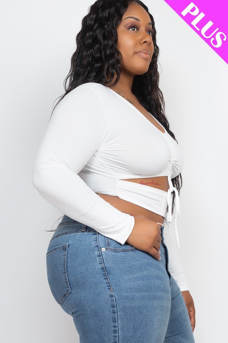 White Plus Size Drawstring Ruched Cutout Crop Top - Kalizeh