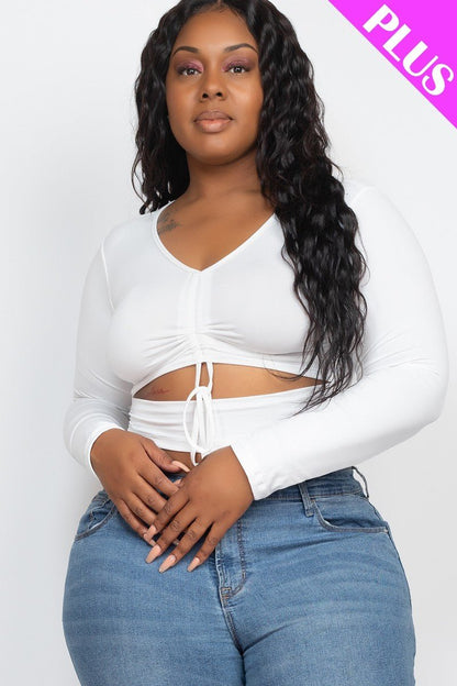 White Plus Size Drawstring Ruched Cutout Crop Top - Kalizeh