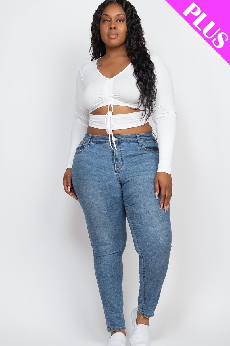 White Plus Size Drawstring Ruched Cutout Crop Top - Kalizeh