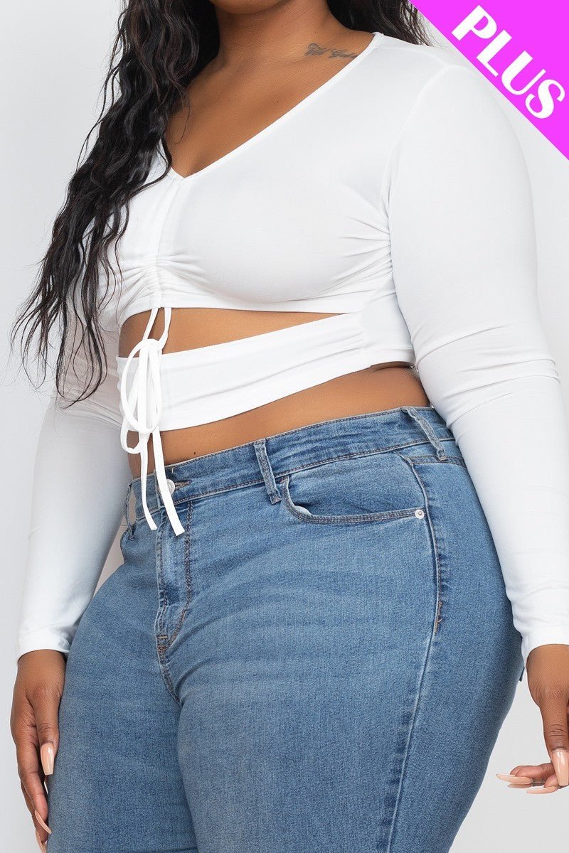 White Plus Size Drawstring Ruched Cutout Crop Top - Kalizeh