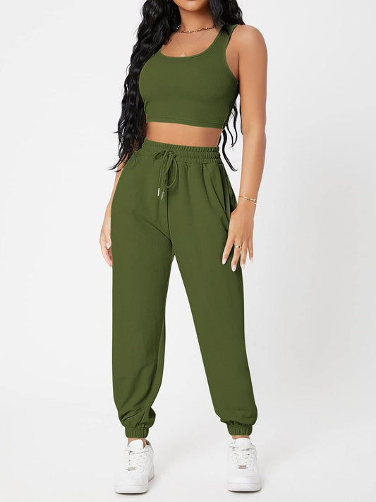 Wide Strap Top and Drawstring Joggers Set - Kalizeh